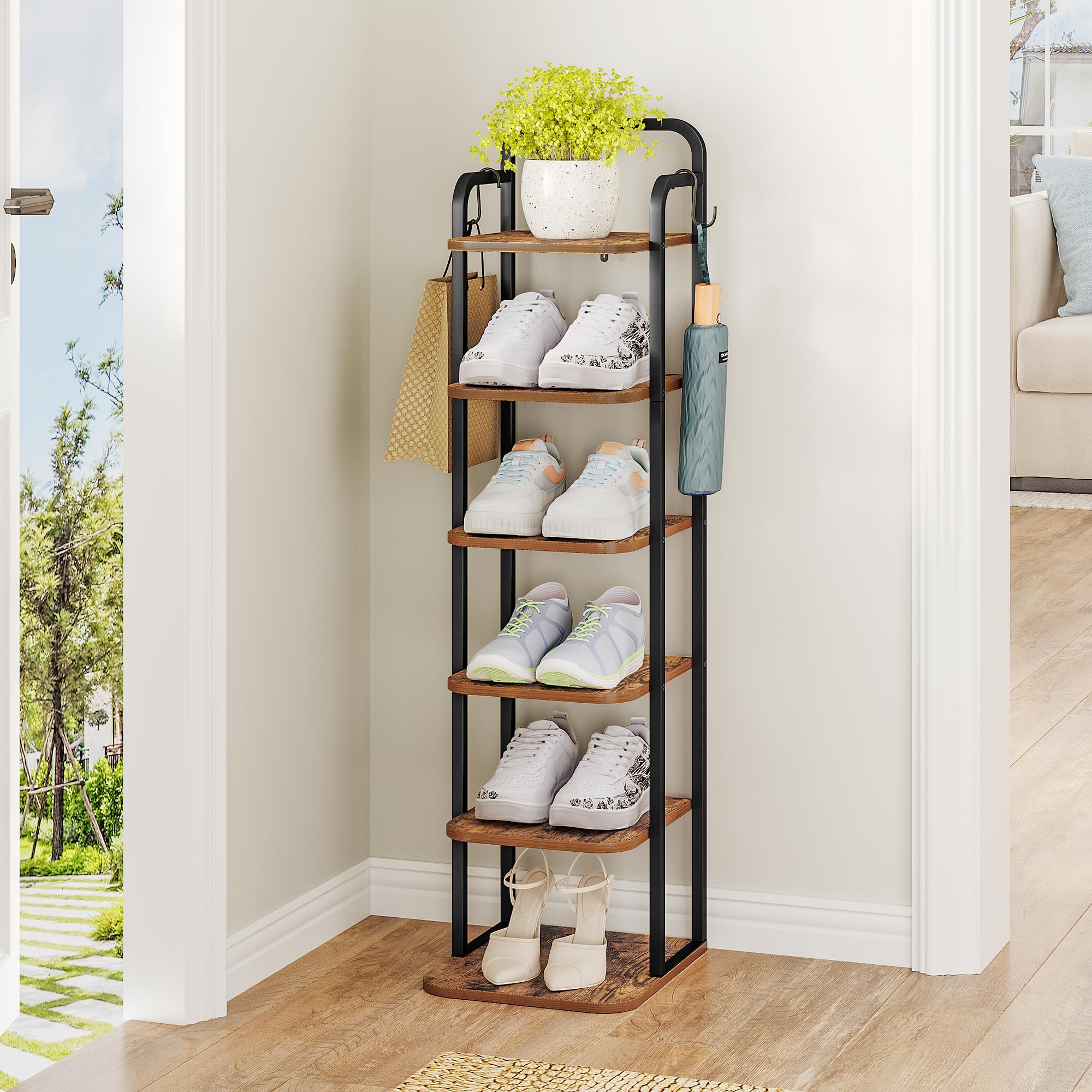 Hzuaneri Vertical Shoe Rack, Shoe Shelves, Wood Shoe Organizer For Closet, Entryway, Shoes Tower For Small Spaces, Free Standing, Adjustable, With 2 Hooks, 6 Tier Rustic Brown Sr04201B
